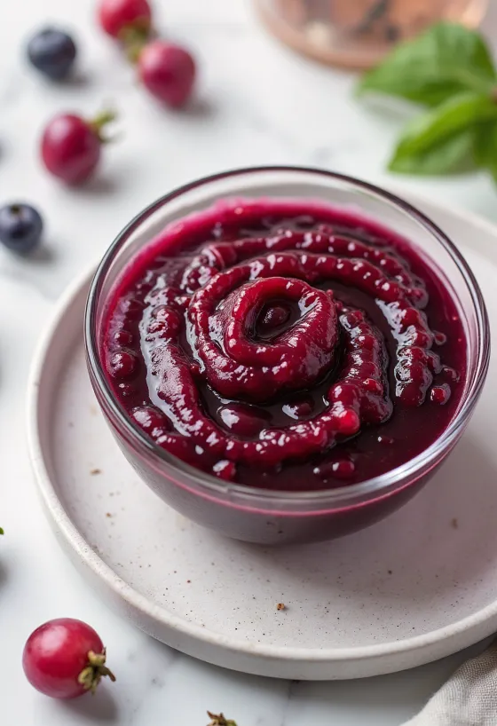 Rödvinssås med nypon i en skål, dekorerad med färsk rosmarin