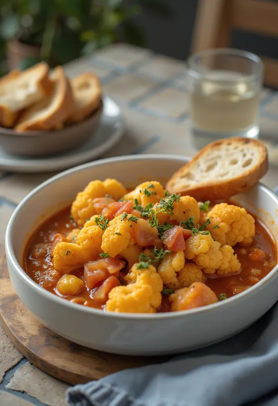 Kryddig blomkålsgryta i saftig tomatbas, strösslad med färsk persilja.