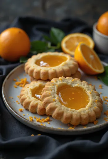 Linzerkakor med apelsin och sylt på ett fat