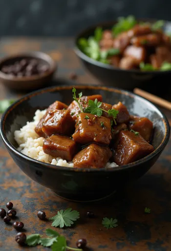 Pork adobo serverad med ångkokt ris