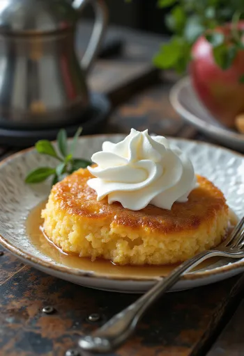 Revani serverad med vispgrädde, nyskuren, med grädde på toppen