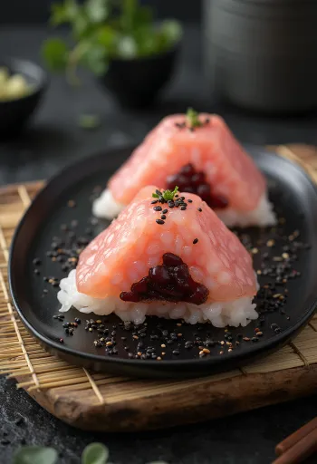 Sekihan onigiri serverad som risbollar, dekorerad med nori och sesamolja