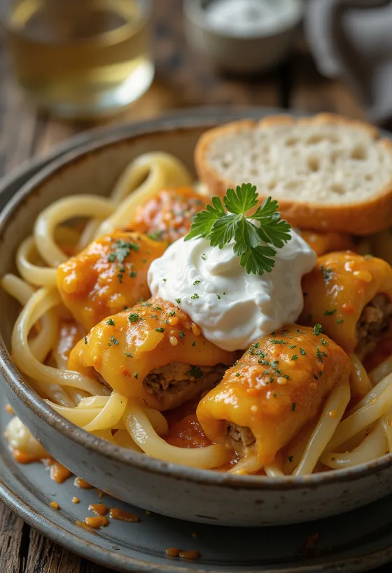 Kåldolmar, inrullade i surkålsblad, fyllda med kryddig köttfärs och ris, serverade i tomatsås