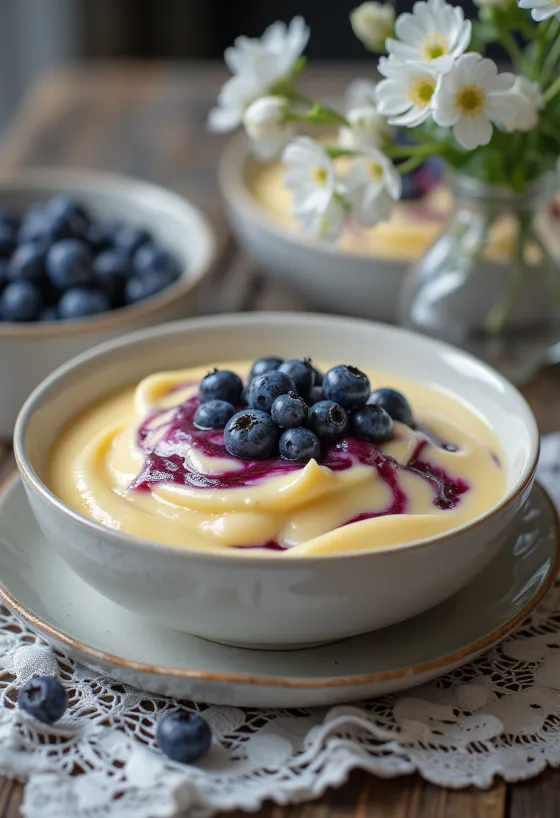 Blåbärsvaniljsås serverad