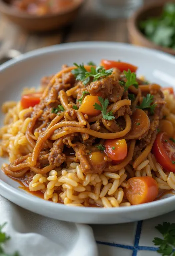 Carne Mechada serverad med arepas och ris