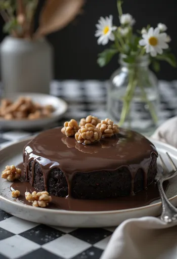 Kastanjetryffeltårta dekorerad med chokladglasyr och kakaopulver