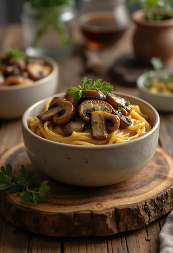 Balsamicosås med svamp serverad med pasta