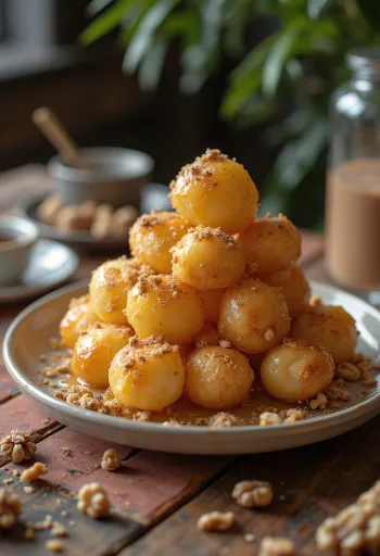 Loukoumades med yoghurtdeg, serverad med honung och kanel