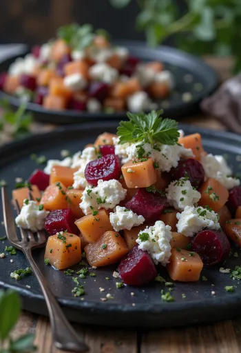 Prebiotisk rödbetssallad med kvarg serverad med färsk persilja