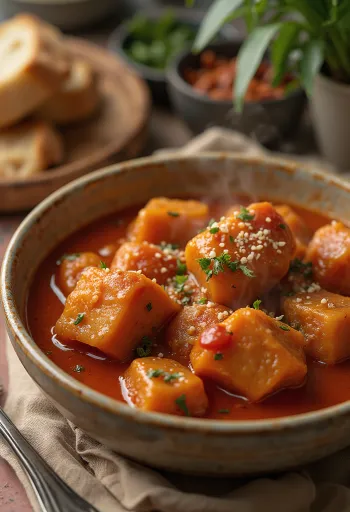 Seitan-pörkölt serverad med färskt bröd, rika kryddor och grönsaker