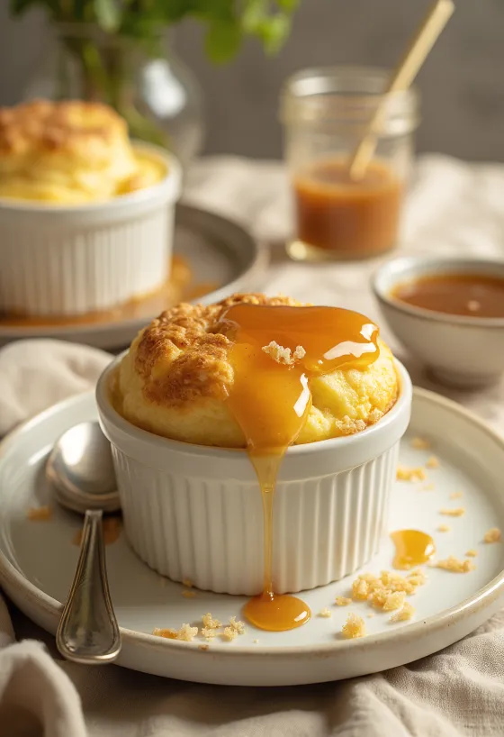 Vanilj- och saltkaramellsufflé serverad