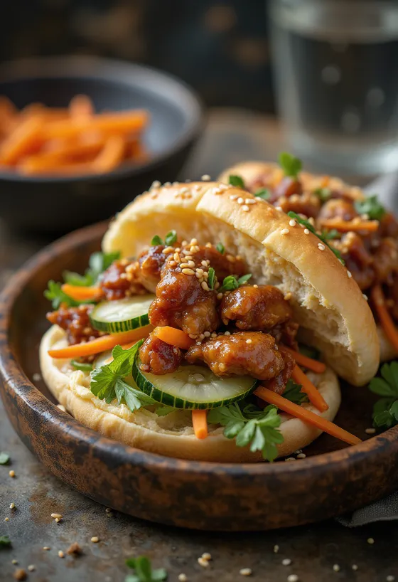 Gyros i asiatisk stil serverad i bao bun med teriyakikyckling och syrade grönsaker