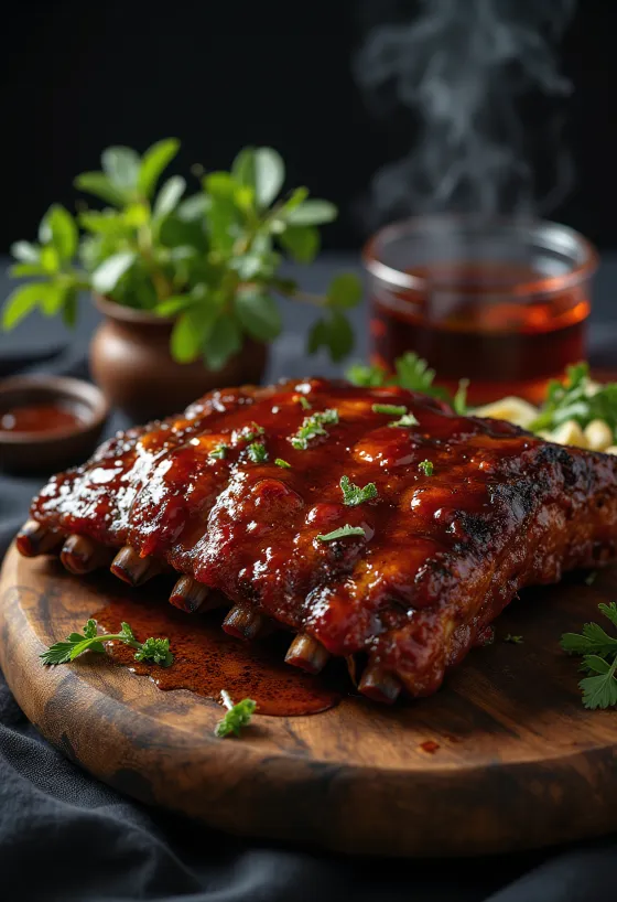 BBQ-revbensspjäll serverade med stekt potatis och fräsch sallad