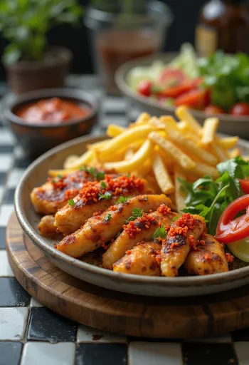 Stark gyrostallrik med stekt kött, grönsaker och chilisås