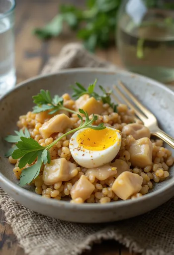 Farrosallad med rostad aubergine och tahini, strödd med färsk persilja
