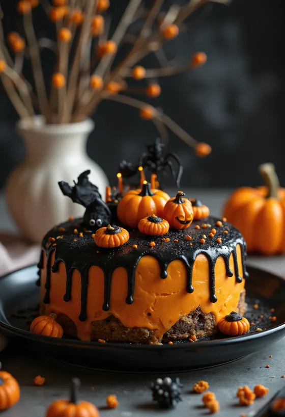 Halloweentårta med orange fondant och svart dekoration