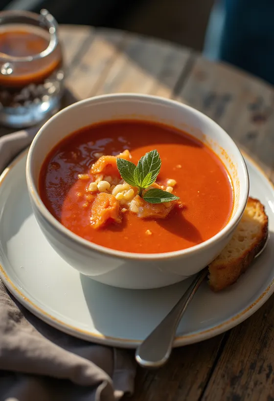 Tomatsoppa serverad med doftande basilika och brödkrutonger