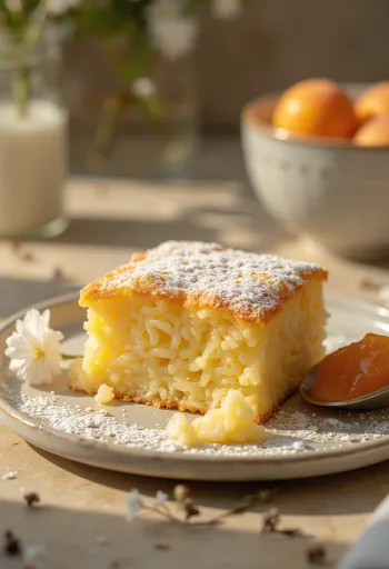 Gyllenbrun ungersk rispudding pudrad med florsocker och serverad med fruktsylt