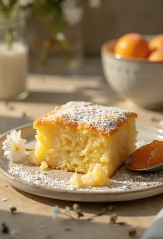 Gyllenbrun ungersk rispudding pudrad med florsocker och serverad med fruktsylt