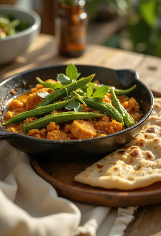 Bhindi Masala Sabzi i skål, garnerad med färsk koriander