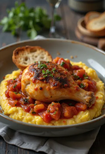 Cacciatore serverad med polenta, tomatsås och färsk basilika