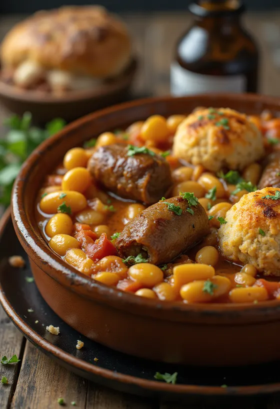 Cassoulet med lamm, gryträtt med bönor och korv