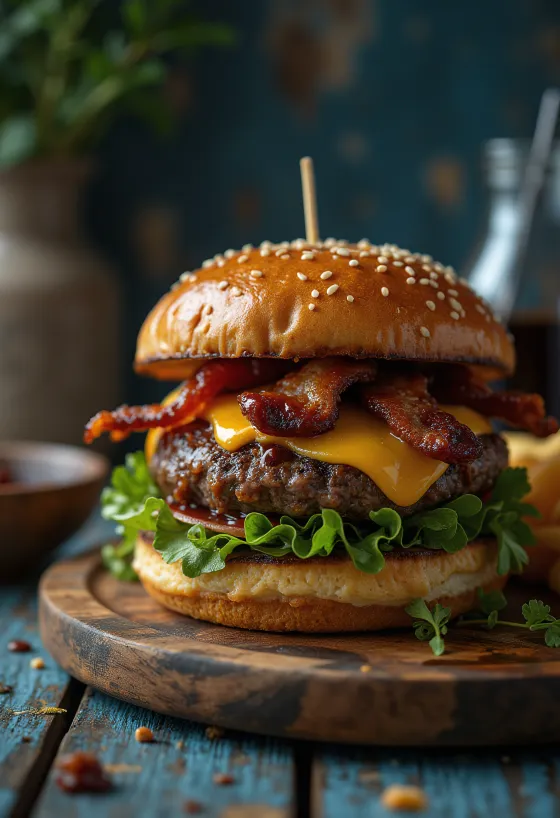 Rökig hamburgare med cheddarost och bacon