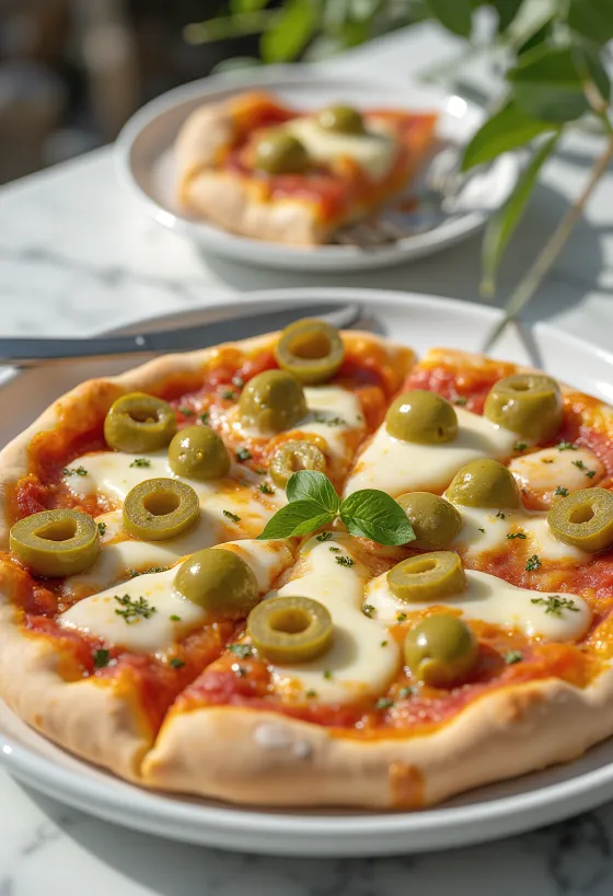 Pizza con olive verdi med gröna oliver och mozzarella