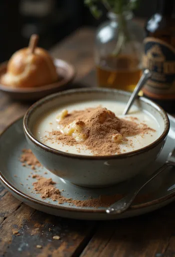 Krämig mannagrynsgröt pudrad med kakao, serverad med färska frukter.