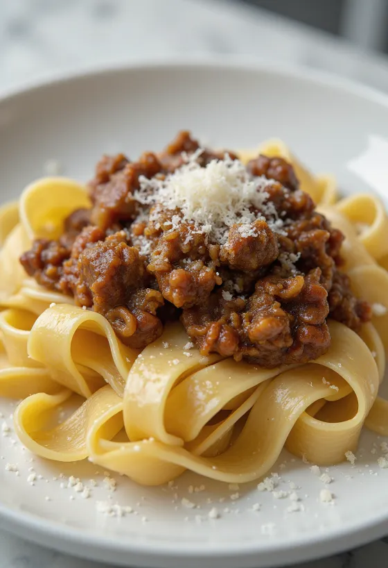 Vildsvinsragu med pappardelle serverad på en rustik tallrik